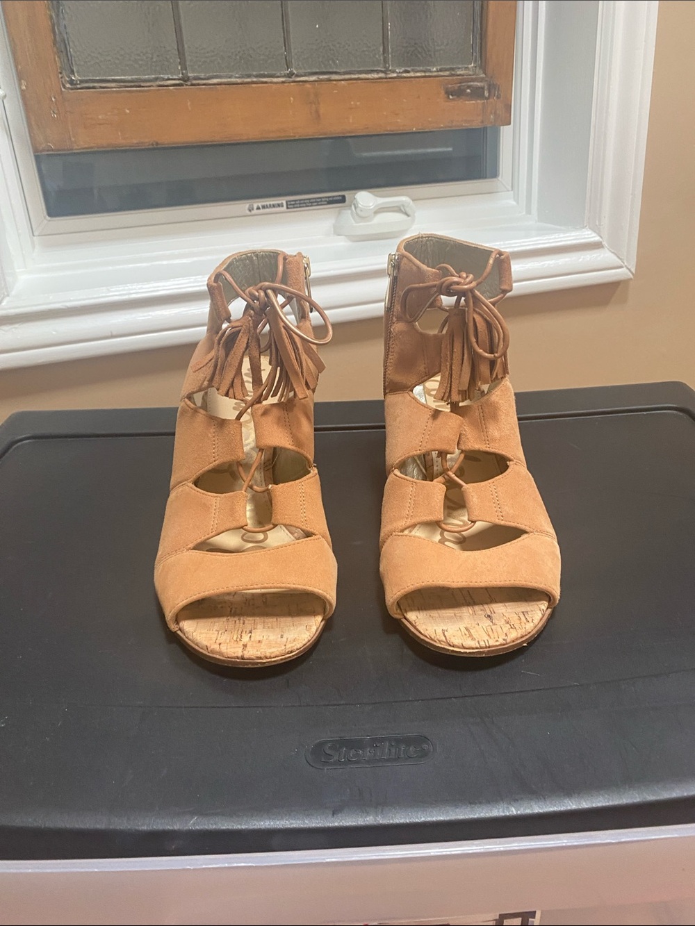 Sam Edelman Tan Suede Lace-Up Open-Toe Block Heels